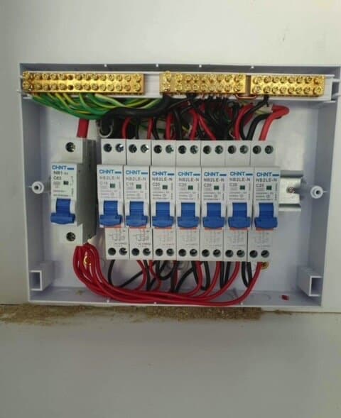 Open switchboard showing circuit protection and connected wiring