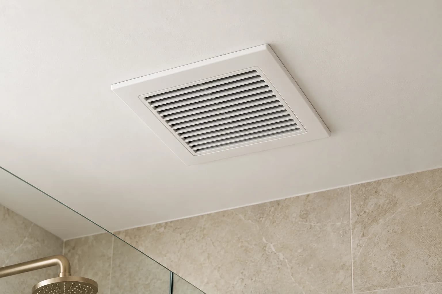 A white ceiling exhaust fan above a tiled bathroom and glass shower screen