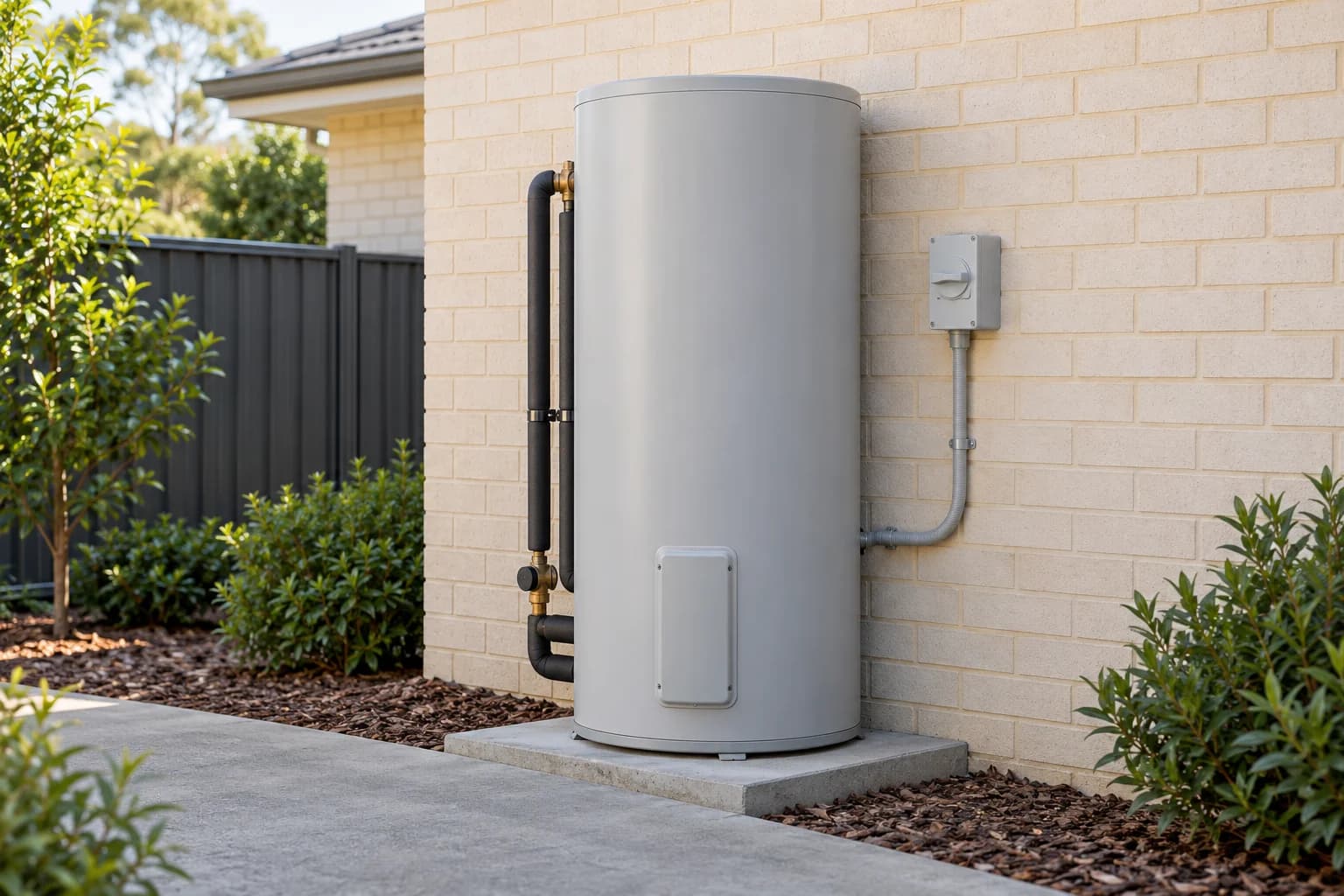 An outdoor electric hot-water cylinder beside a closed electrical isolator